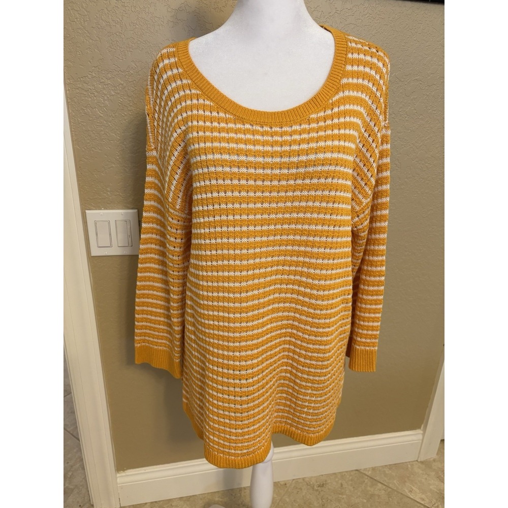 Talbots Lightweight Open Knit Yellow And White Striped 3/4 Sleeve Sweater, XL